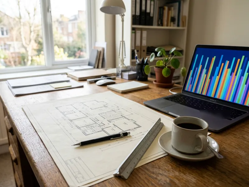 Symbolbild: Schreibtisch mit Grundriss, Maßstab und einem Laptop mit Diagramm