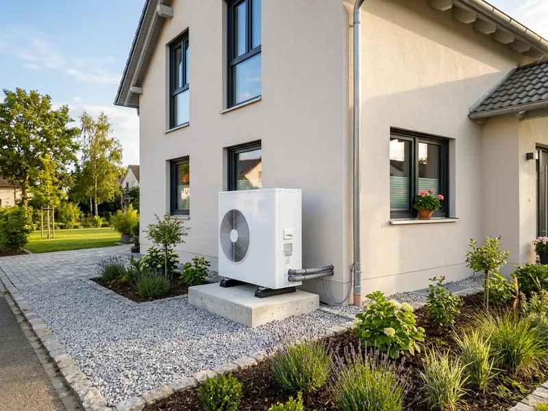 Symbolbild: neue Wärmepumpe auf einem Betonsockel neben einem sanierten Einfamilienhaus