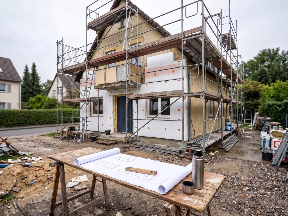 Symbolbild: Baustelle mit Gerüst und neuer Fassadendämmung, davor ein Bocktisch mit Bauplan