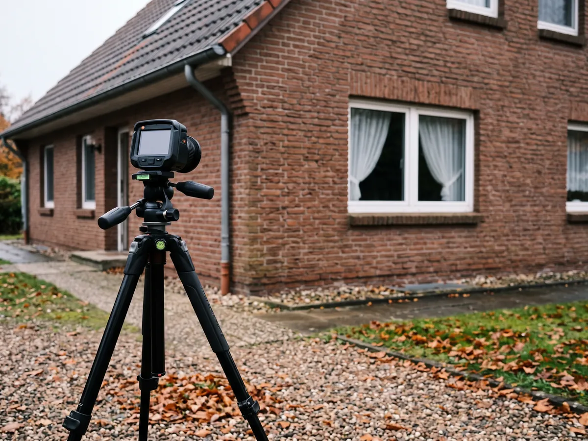Symbolbild: Wärmebildkamera auf einem Stativ vor einem Klinkerhaus im Herbst
