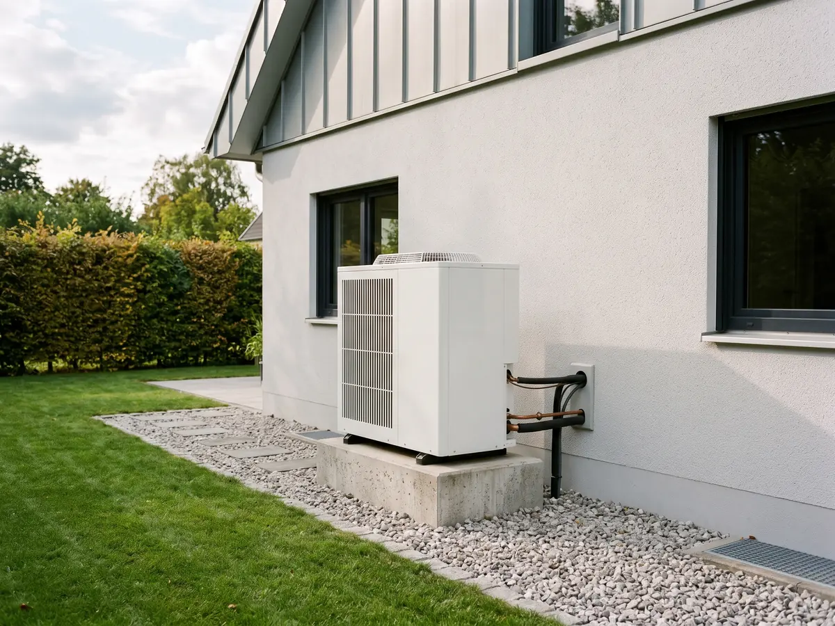 Symbolbild: Luft-Wasser-Wärmepumpe auf einem Betonsockel neben einem Einfamilienhaus